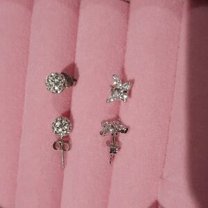 New Genuine SOLID STERLING SILVER CZ Studs Butterfly Crystal Ball 2 pairs